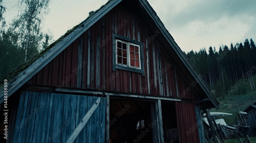 Rustic Old Barn in Forest at Dusk. Grunge Wooden Building with Lit Window Rustic Old Barn in Forest at Dusk. Grunge Wooden Building with Lit Window