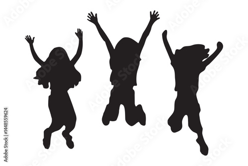 Black silhouette of children jumping for joy. Active kids jumping or trampolining, outline elements collection, flat vector isolated on white background. Summer entertainments and attraction. EPS 10.
