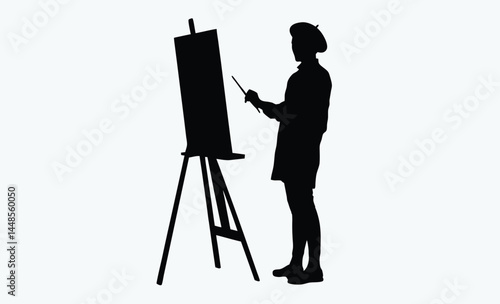"Artist painting canvas silhouette, man silhouette, easel art, vector illustration, black and white, creative scene
"