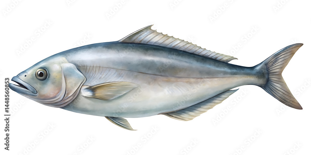 Fototapeta premium Detailed Illustration of a Robust Silver Pompano Fish Isolated on White Background