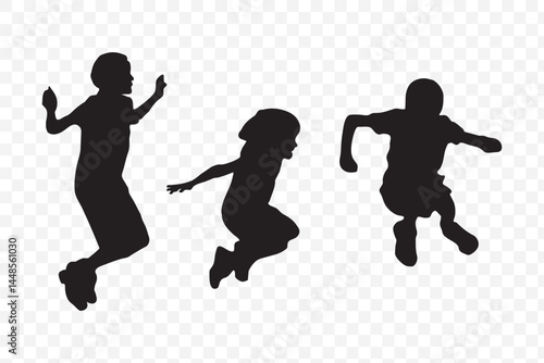 Black silhouette of children jumping for joy. Active kids jumping or trampolining, outline elements collection, flat vector isolated on white background. Summer entertainments and attraction. EPS 10.