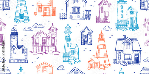 Sea house and lighthouse pattern. Seamless sea beach background. Summer marine vector pattern with lighthouse and boat house facade. Doodle sailor illustration. Crayon line old town street seamless bg
