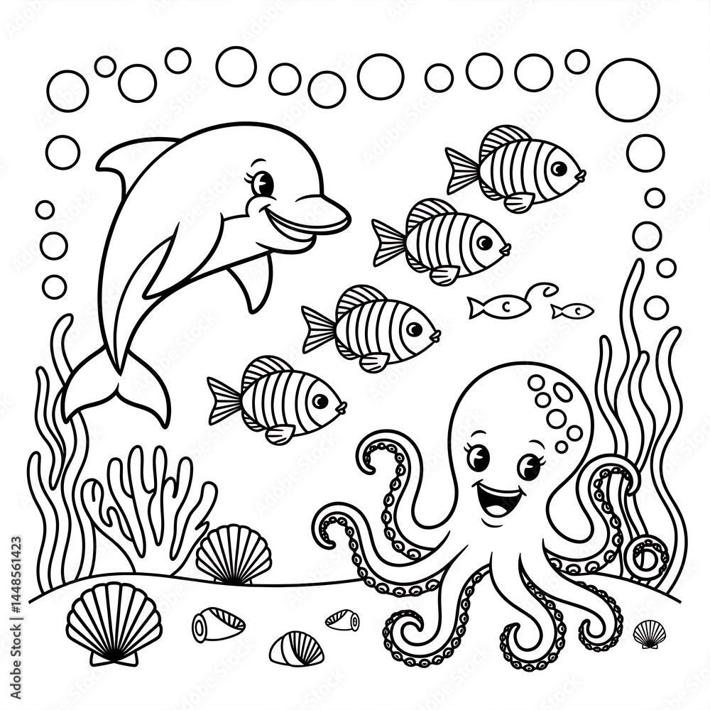 Smiling Dolphin,fish , Octopus Illustration Line Art Coloring sheet Illustration Smiling Dolphin,fish , Octopus Illustration Line Art Coloring sheet Illustration