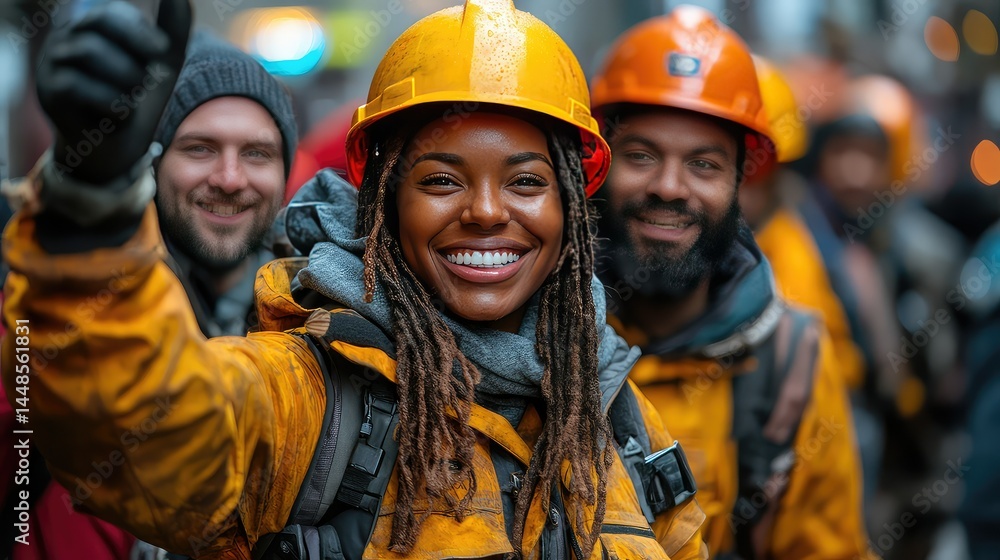 Fototapeta premium Diverse team with city construction, and thumbs up.