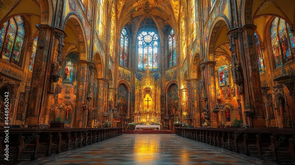 Grand interior of a religious edifice, bathed in golden light. Grand interior of a religious edifice, bathed in golden light.