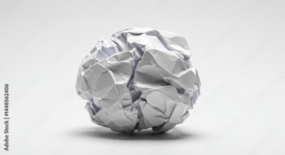 Crumpled Paper Sphere - Close-up of a crumpled white paper ball on a light gray background. Clean, simple