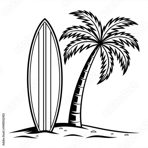 Surfboard Palm Tree on Beach Coloring Page. easy to color, kids coloring sheet