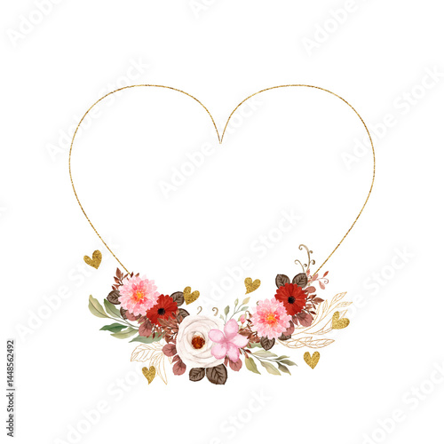 Fototapeta Naklejka Na Ścianę i Meble -  Turn your photo into a heart shape. Decorated with watercolor flowers and leaves, framed with gold glitter hearts overlay, white background. Template for one image for a unique special greeting.