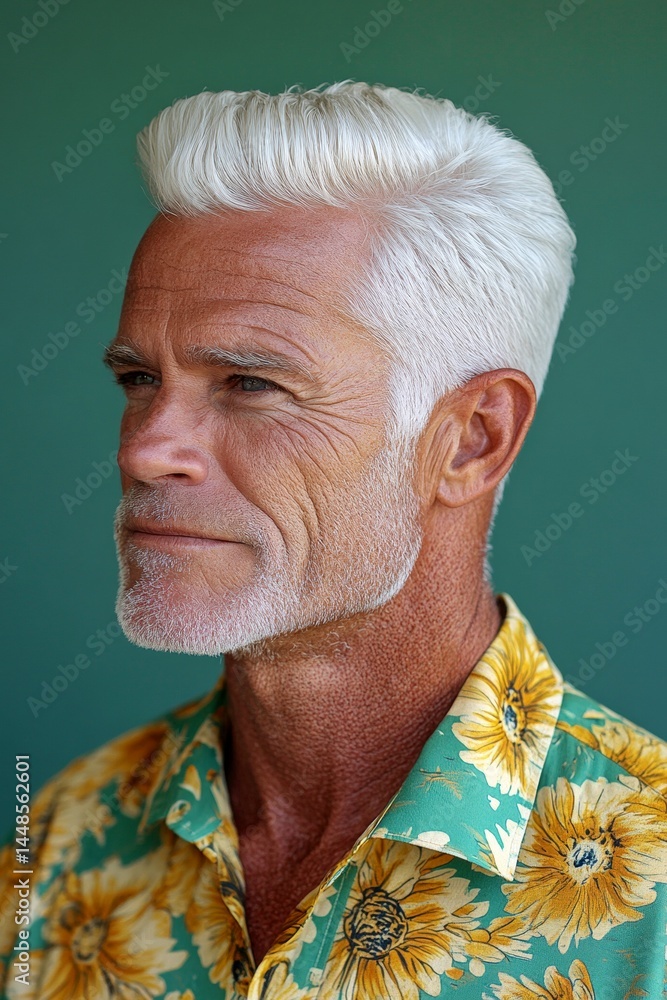 Fashionable men's classic long sweep haircut - midlife white man with white hair. Green solid background. Conceptual art of style for aging men. A dynamic male posing with grace and charm.