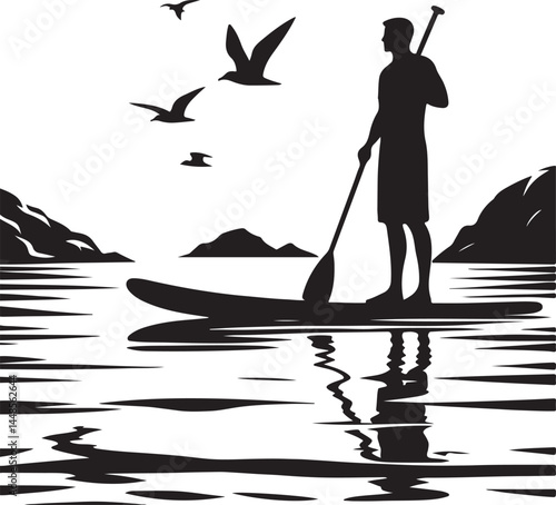 Vector art shows a black silhouette illustration of people, including a woman and a man, fishing from a boat on the water, a nature and sport icon design