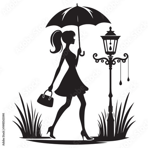 Stylish woman walking under an umbrella on a rainy evening.