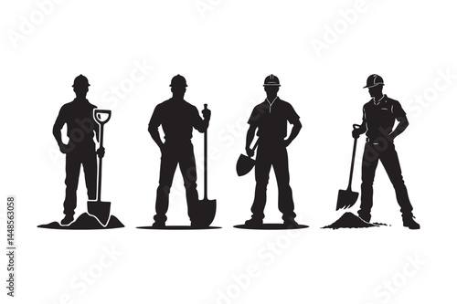 Construction Worker Silhouettes with Shovels Labor Crew Vector Illustration