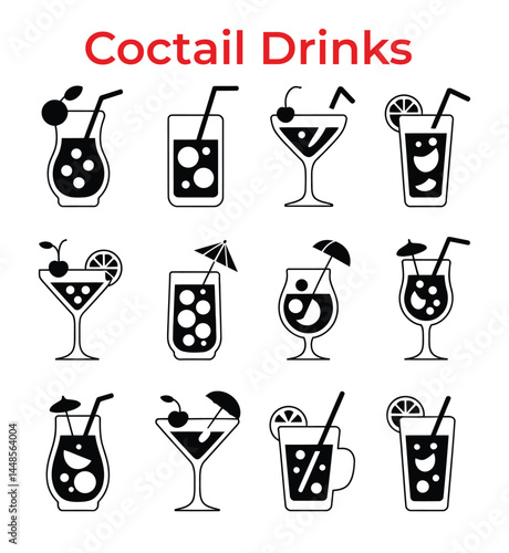 Cocktail Drinks Icon Set - Minimalist Black and White Vector