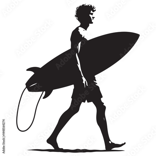 Surfer Silhouette with Surfboard – Beach Lifestyle Vector Clipart

