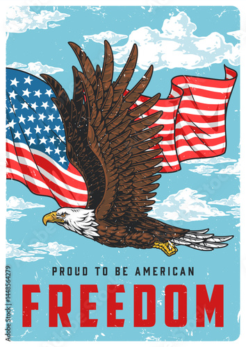 Eagle soaring with flags of freedom