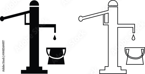 Hand pump or manual pump icon set. Consist of spout deep well, lever handle, pipe and body above ground at outdoor, garden for suction source groundwater from shallow borehole at countryside isolated.
