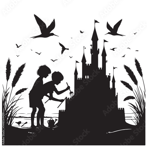 "Silhouette of Kids Building Majestic Sandcastle – Beach Fantasy Scene with Birds"

