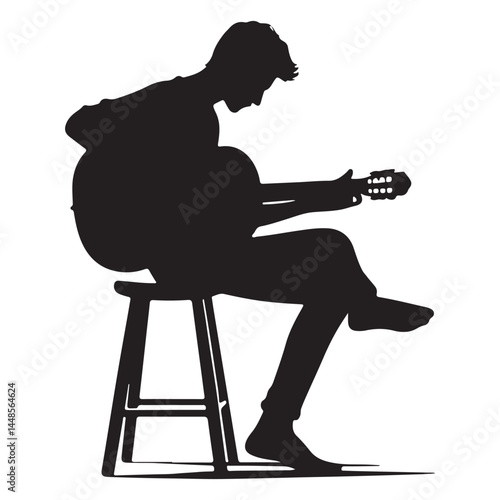 "Silhouette of Man Playing Acoustic Guitar on Stool – Musician Illustration"

