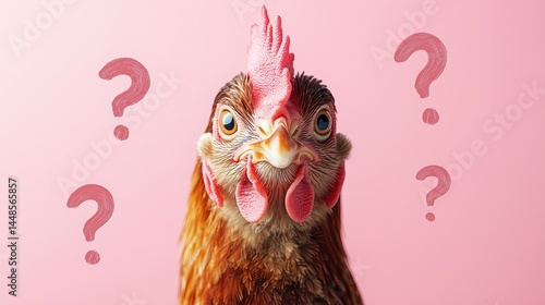 Confused animals : shark, piglet, camel, dolphin, koala, chimpanzee, cow, zebra, turtle and hen, looking into the camera, question marks floating around, soft pink background