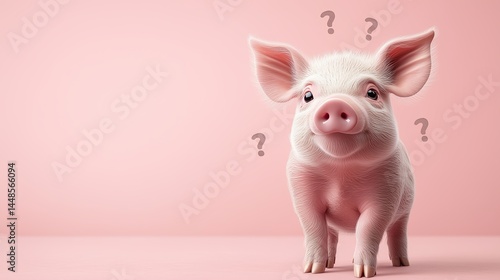 Confused animals : shark, piglet, camel, dolphin, koala, chimpanzee, cow, zebra, turtle and hen, looking into the camera, question marks floating around, soft pink background