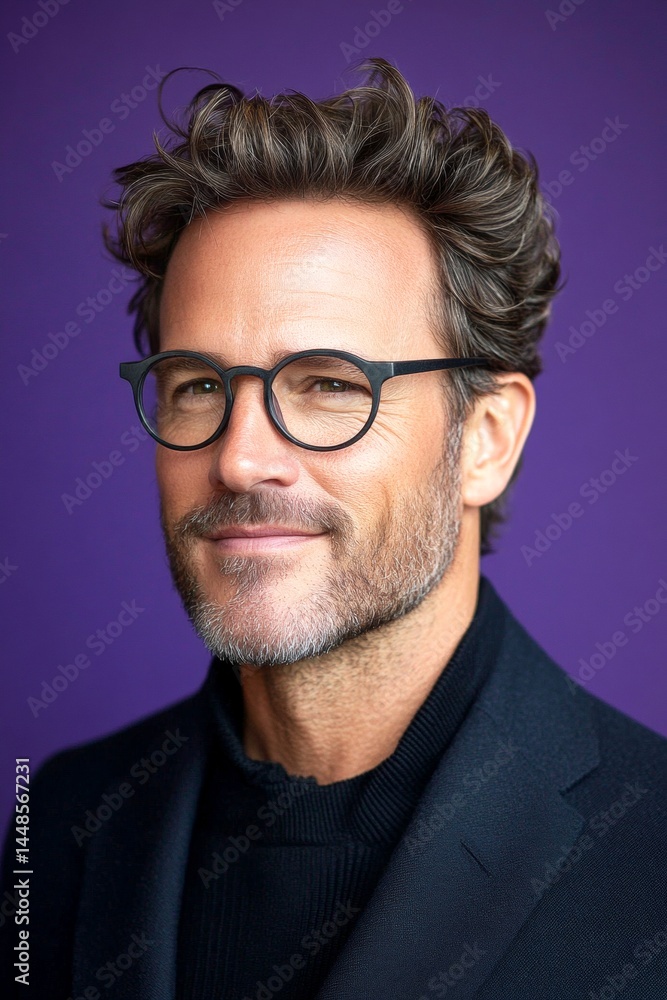 Purple solid background. Conceptual art of style for aging men. A trendy and radiant male showcasing style. Fashionable men's layered waves haircut - midlife white man with hair. Purple solid background. Conceptual art of style for aging men. A trendy and radiant male showcasing style. Fashionable men's layered waves haircut - midlife white man with hair.