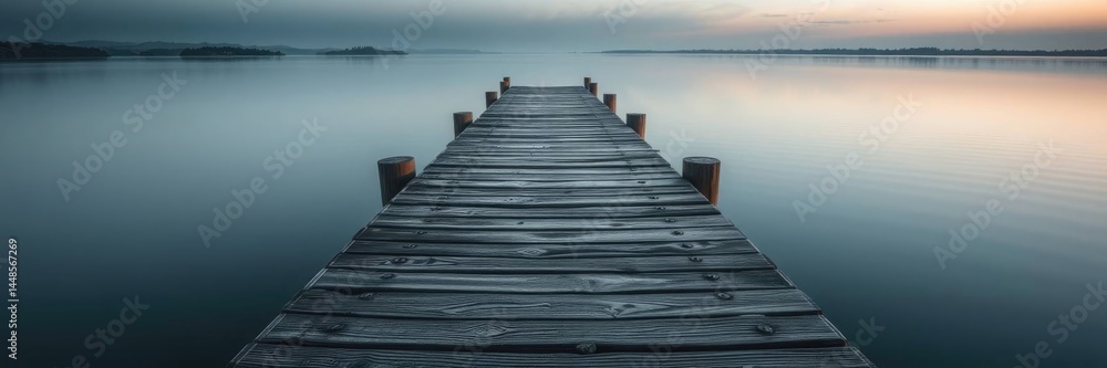 Obraz premium Serene Wooden Dock Extending into Tranquil Lake at Sunset