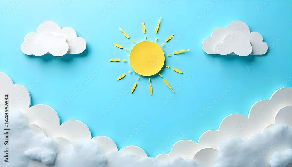 Top view of paper cut clouds and sun on blue background, panoramic shot Top view of paper cut clouds and sun on blue background, panoramic shot