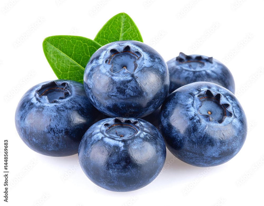 Fresh blueberries with green leaves isolated on white background Fresh blueberries with green leaves isolated on white background