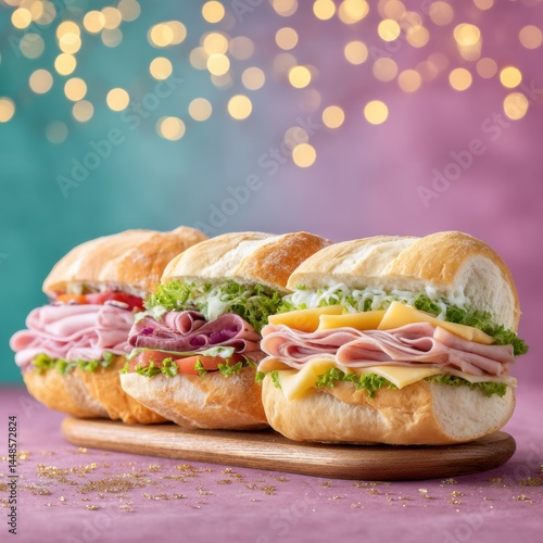 National Picnic Day Gourmet Fusion Artisan Deli Submarine Sandwiches in Soft Bokeh Lighting - Trendy Social Catering and Shareable Culinary Experience for Modern Gatherings photo