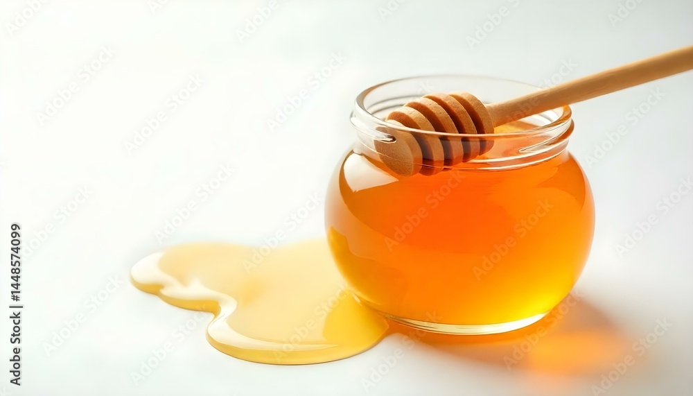 Honey in a transparent jar with a honey spoon on a white background Honey in a transparent jar with a honey spoon on a white background