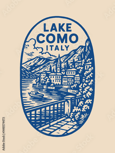 Lake Como Italy landscape vintage engraving style

