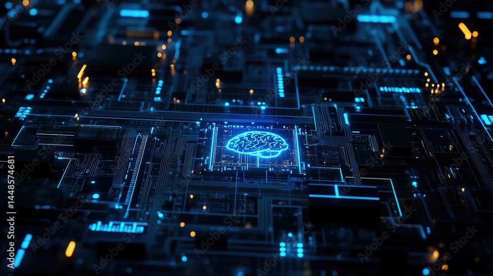 Fototapeta premium Neon Brain on Circuit Board
