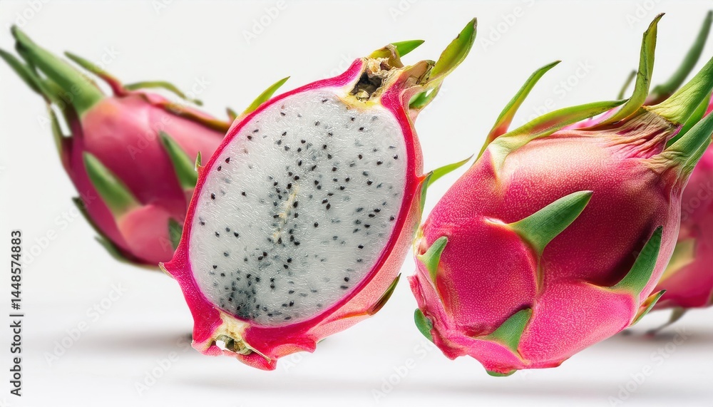 Ripe Dragon Fruit (Pitahaya) Slices in Mid-Air Isolated with White Background Ripe Dragon Fruit (Pitahaya) Slices in Mid-Air Isolated with White Background