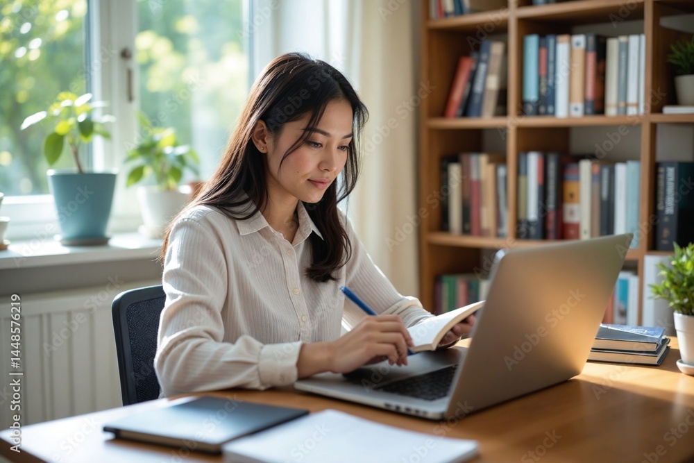 E-Learning Engagement: Focused Asian Student Participating in Virtual University Workshop from Home Office (Premium) E-Learning Engagement: Focused Asian Student Participating in Virtual University Workshop from Home Office (Premium)
