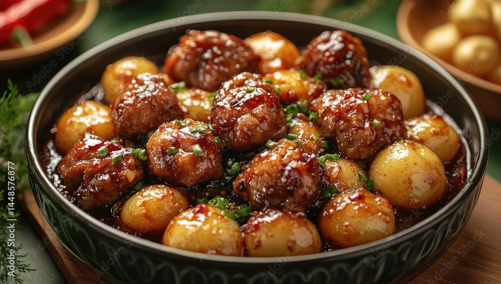 Meatballs Potatoes with savory sauce. Meatballs Potatoes with savory sauce.