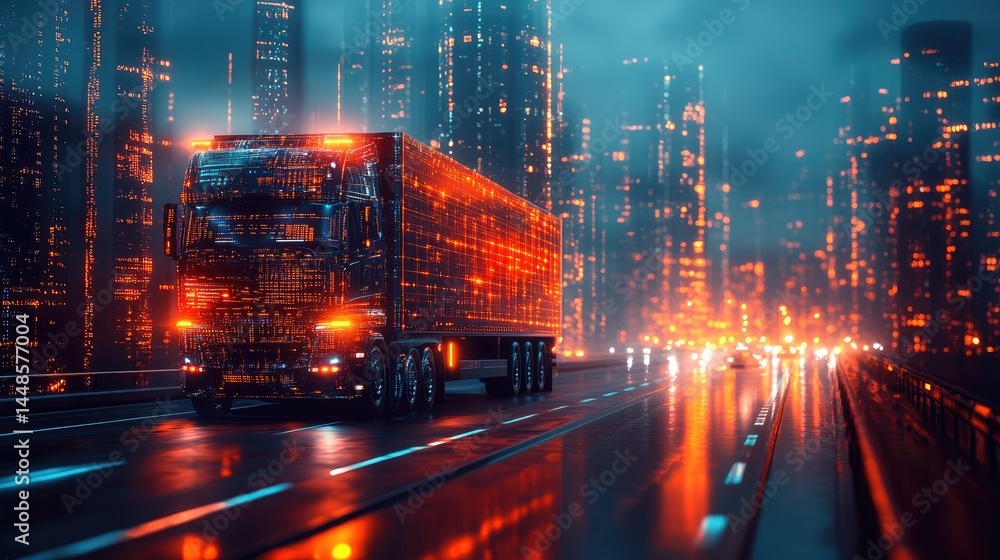 Here's a possible and keyword list for your image.. Futuristic semi-truck drives through a rain-slicked city at night. Here's a possible and keyword list for your image.. Futuristic semi-truck drives through a rain-slicked city at night.