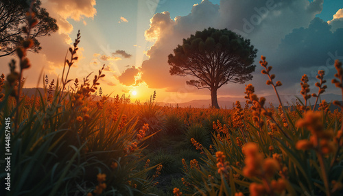 Serene sunset behind a tree with vibrant flowers in a meadow  