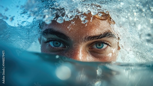 A close-up of a young man's face underwater, his blue eyes looking directly at the camera. The water is clear and the light is bright.