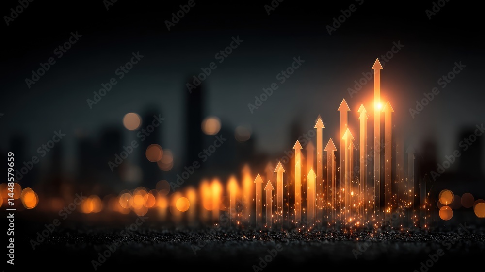 Upward arrows over cityscape at night Upward arrows over cityscape at night