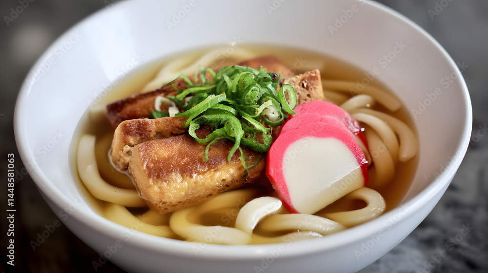 Hearty Udon Noodle Soup with Chewy Texture and Colorful Toppings of Green Onion and Fish Cake Hearty Udon Noodle Soup with Chewy Texture and Colorful Toppings of Green Onion and Fish Cake
