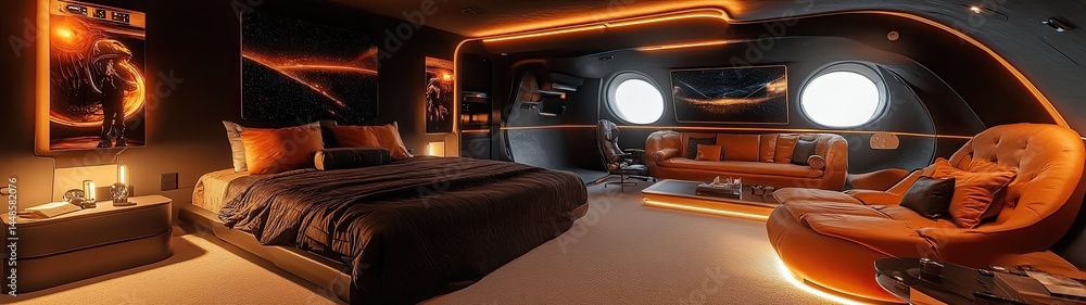 Fototapeta premium Luxurious Modern Bedroom with Large Bed, Orange Accents, and a Relaxing Lounge Area.