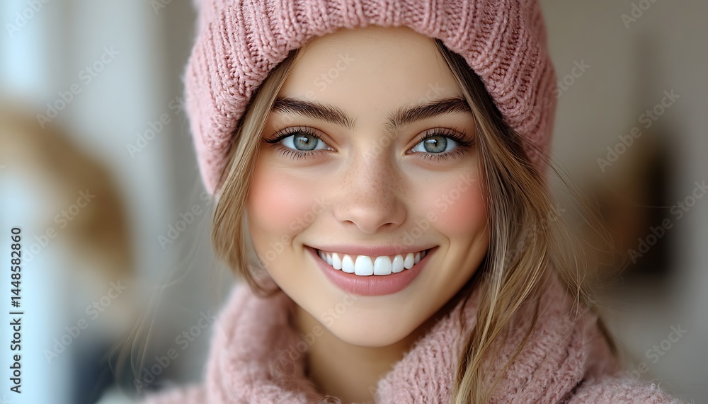 Woman smiling in a pink knitted hat and scarf Woman smiling in a pink knitted hat and scarf