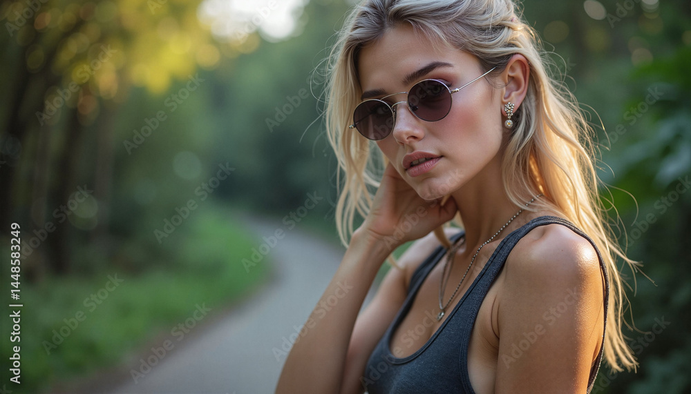 Young woman with sunglasses posing in a forest path Young woman with sunglasses posing in a forest path