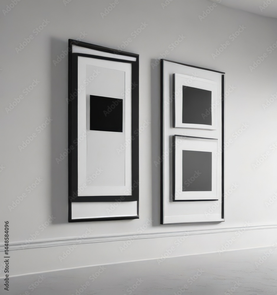 Elegant white & black gallery frames mockup on a wall, showcasing various sizes and shadow effects , simple, design element Elegant white & black gallery frames mockup on a wall, showcasing various sizes and shadow effects , simple, design element