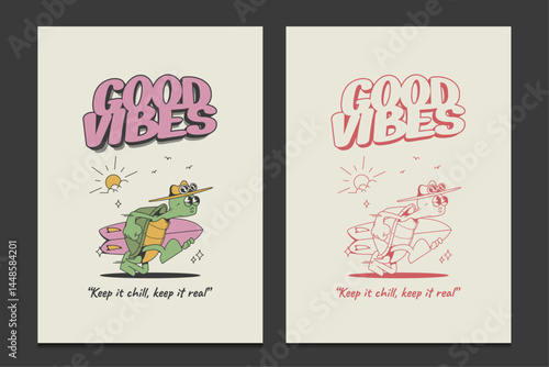 retro cartoon turtle with a surfboard, fun summer design for t-shirts and posters, vector illustration