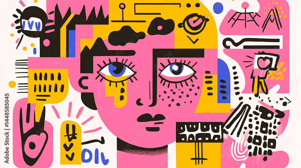 Obraz premium the image showcases an abstract portrait composed of various geometric shapes and graphic elements in a lively palette of colors