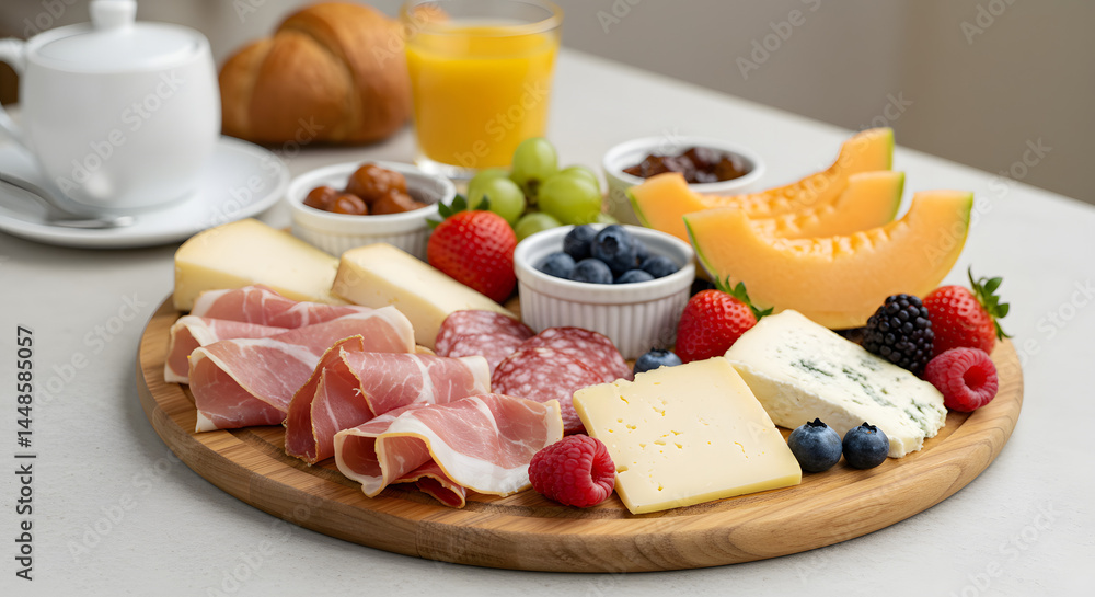 An inviting charcuterie board overflowing with a selection of cheeses, fruits, and meats for a tasty snack. An inviting charcuterie board overflowing with a selection of cheeses, fruits, and meats for a tasty snack.