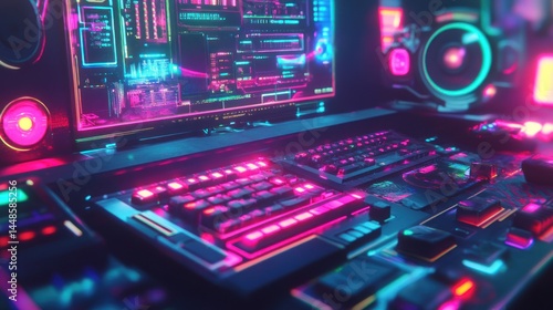 Wallpaper Mural Futuristic gaming setup with neon lights and screens Torontodigital.ca