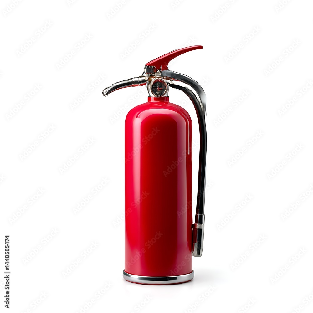 A red fire extinguisher stands tall against a stark white background A red fire extinguisher stands tall against a stark white background