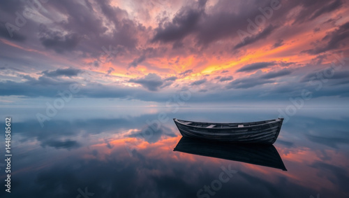 A serene view of a boat floating on calm water reflecting a colorful sunset sky with clouds above it created with generated ai